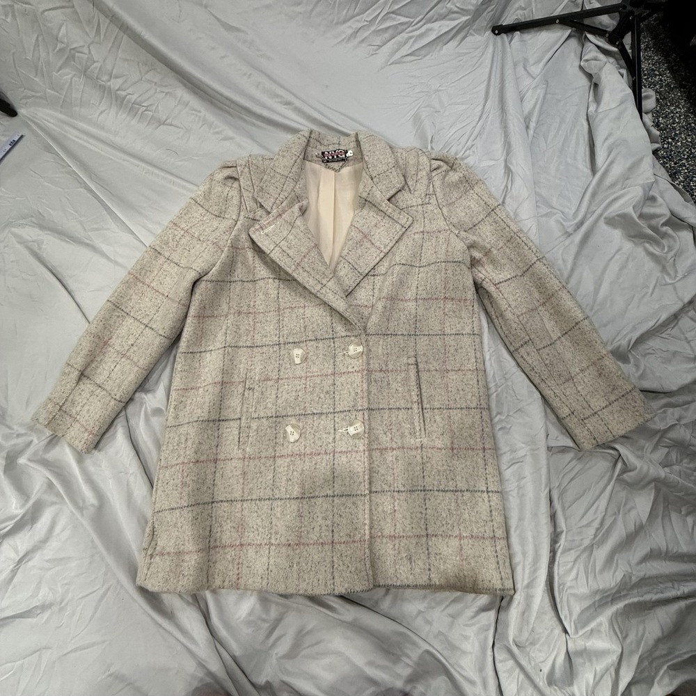 Vintage‎ NYG New York Girl Pea Coat Girls 12 Beige Plaid Wool Blend Tweed 80s